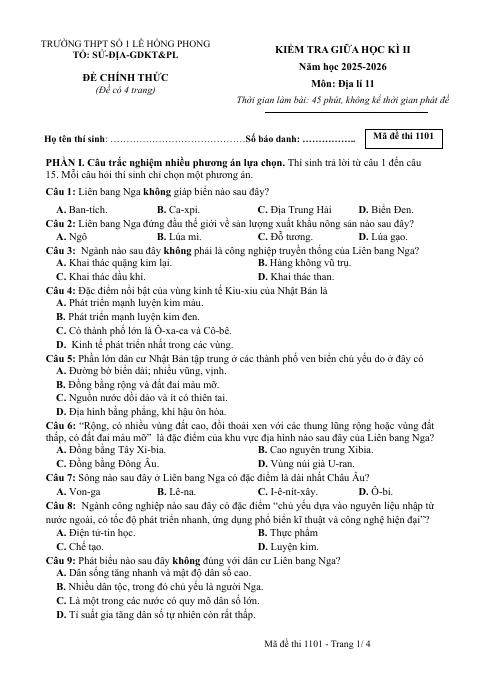 Đề thi Giữa kì 2 Địa lí 11 năm 2025-2026 trường THPT số 1 Lê Hồng Phong (Đắk Lắk)
